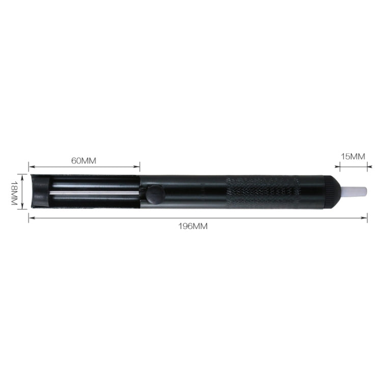 Black solder desoldering pump tool shown in profile with size markings