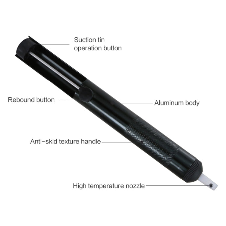 Black solder desoldering pump with anti-skid handle, aluminum body, buttons, nozzle