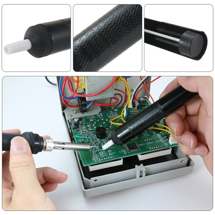 Black solder desoldering pump tool applying suction to a circuit board