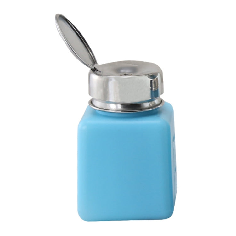 Blue alcohol bottle with silver flip spout cap