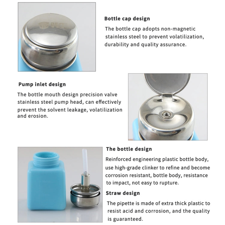 Blue alcohol bottle with stainless cap; pump inlet valve and pipette shown