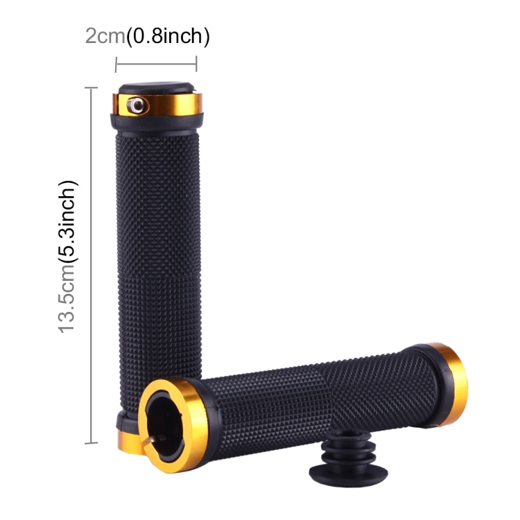 Black textured lock-on bike grips with gold end rings and shown size