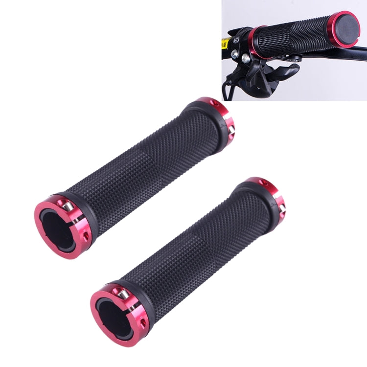 Pair of black anti-slip bike handlebar grips with wine red lock-on end caps