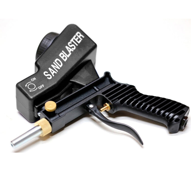 Portable black sand blaster with extended nozzle, gold valve, and textured grip