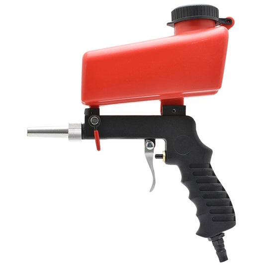 Red mini gravity sandblasting gun with black handle and metal nozzle tube