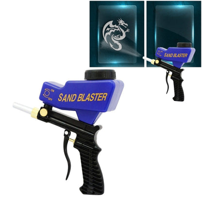 Blue handheld sand blaster gun with nozzle and black trigger grip