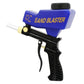 Close-up of blue sand blaster gun with nozzle, ON/OFF switch, and black trigger