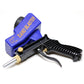 Blue sand blaster gun side view with metal nozzle and black handle with trigger