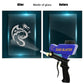 Blue sand blaster gun spraying onto glass panel with dragon emblem