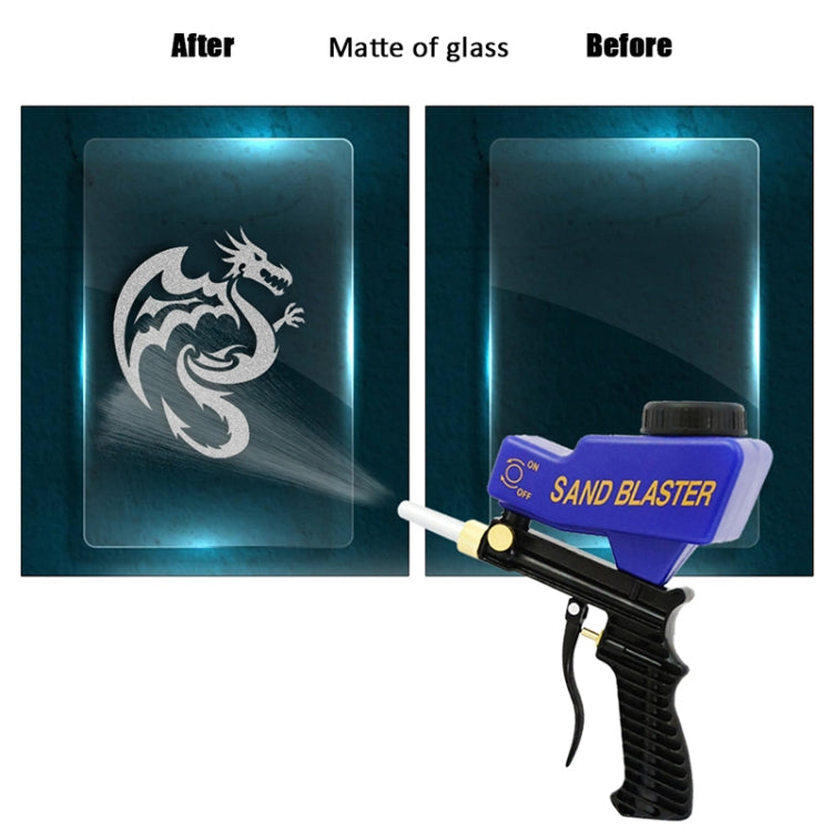 Blue sand blaster gun spraying onto glass panel with dragon emblem