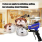Blue sand blaster gun beside metal cups for rust cleaning and detail finishing