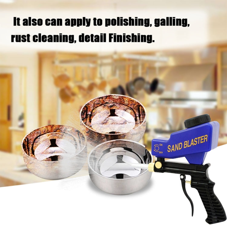 Blue sand blaster gun beside metal cups for rust cleaning and detail finishing