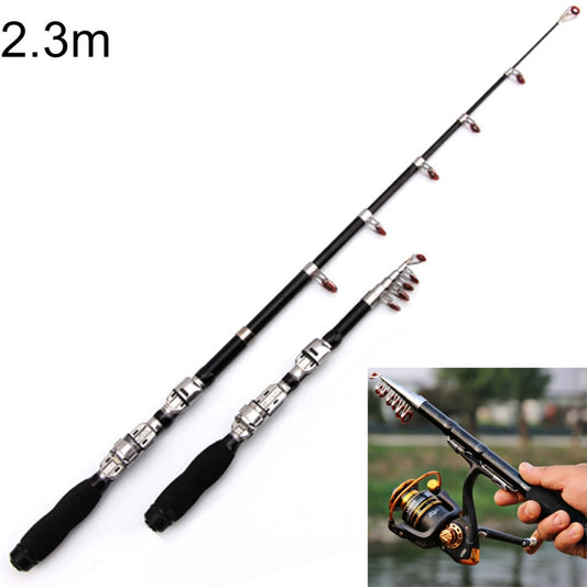 2.3m telescopic sea fishing rod with black blank and chrome guide eyes