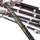 Black telescopic fishing rod with gold script markings and multiple line guides