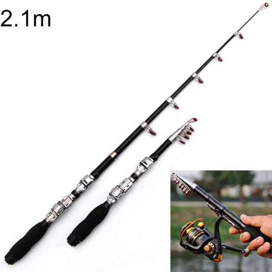 2.1m telescopic sea fishing rod with black sections and silver line guides