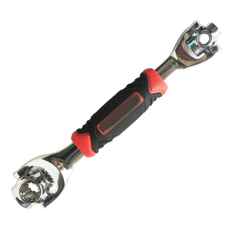 Socket wrench tool with chrome double-socket head and red-and-black comfort handle