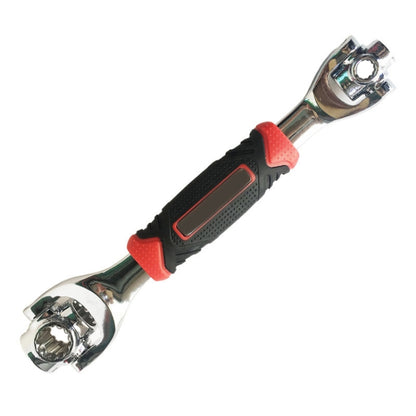 Socket wrench tool with chrome double-socket head and red-and-black comfort handle