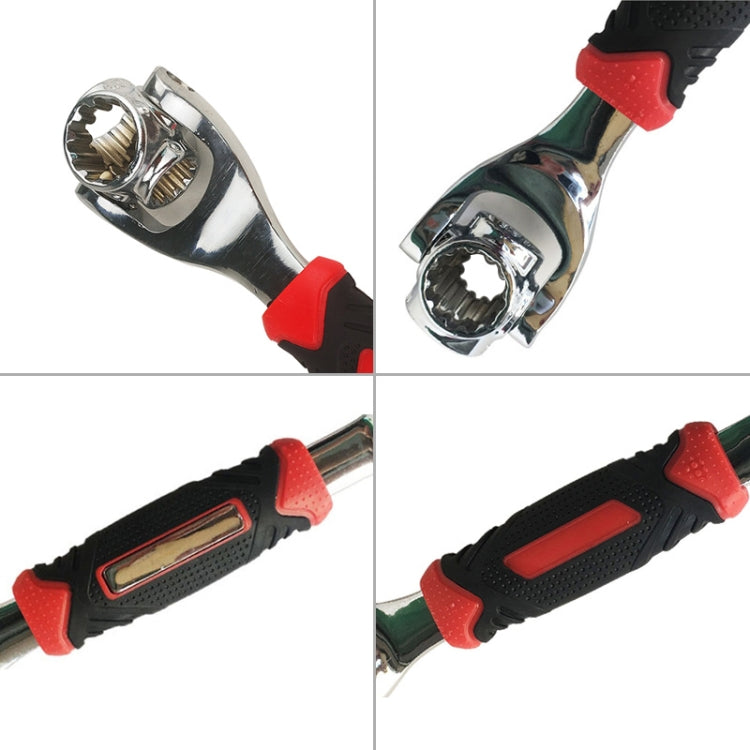 Socket wrench with chrome head and red-black handle shown in close-up angles