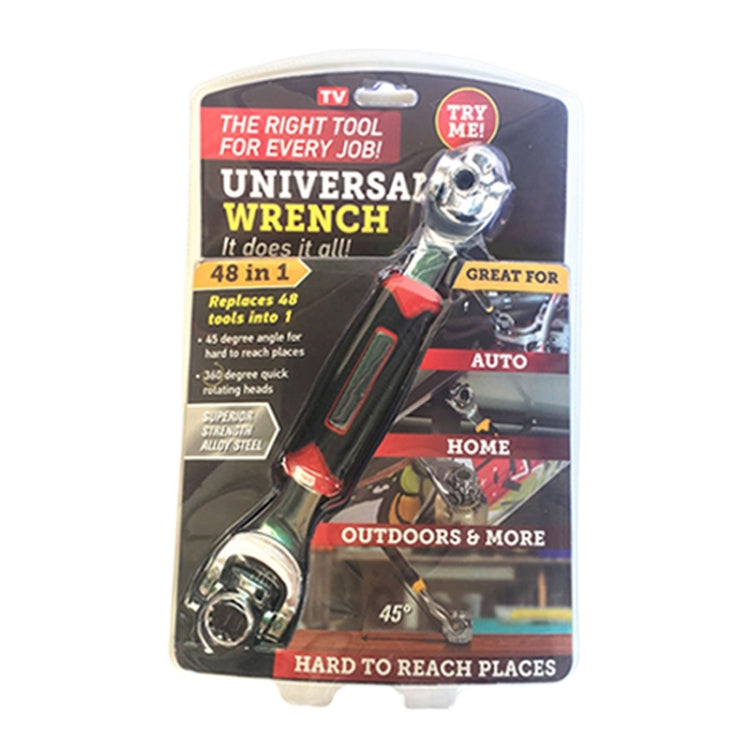 48-in-1 universal wrench tool in blister packaging with chrome head and red-black grip