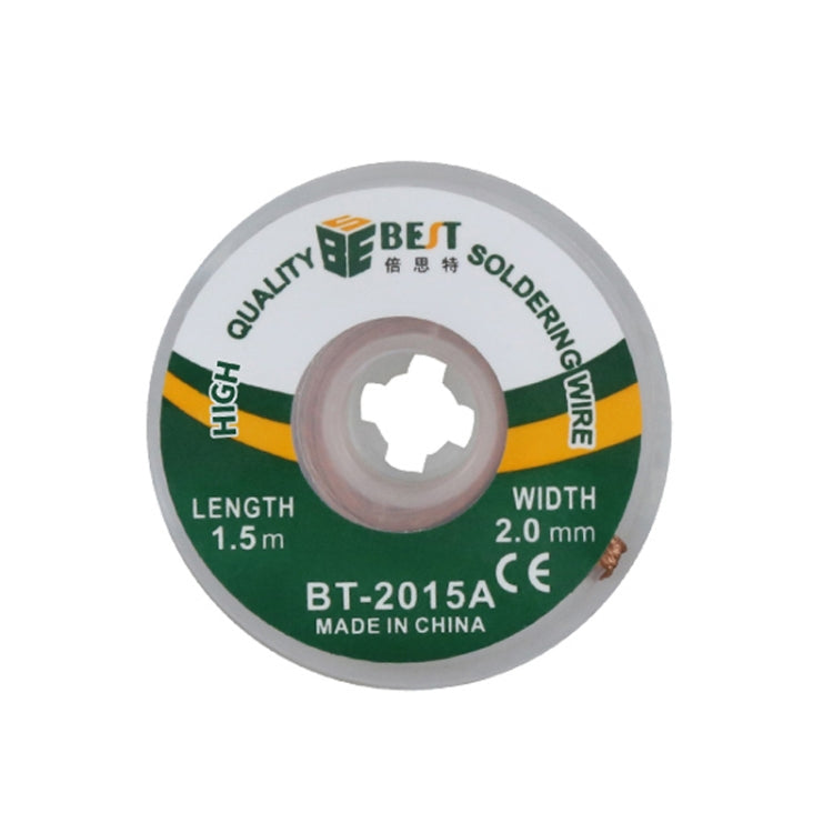 Desoldering braid solder wire spool showing 1.5 m length and 2.0 mm width