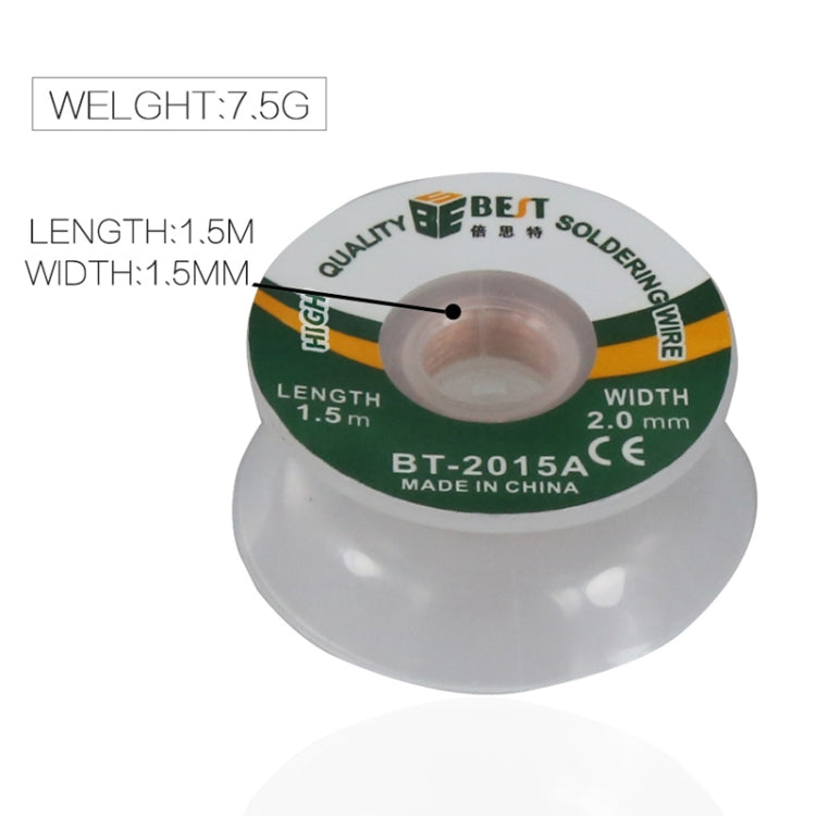 Desoldering braid solder wire spool labeled 7.5 g weight, 1.5 m length, 1.5 mm width