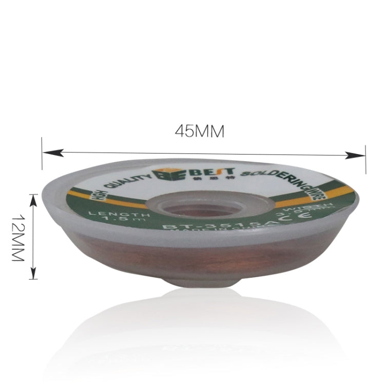 Desoldering braid solder wick spool with size marks 45 mm diameter and 12 mm height