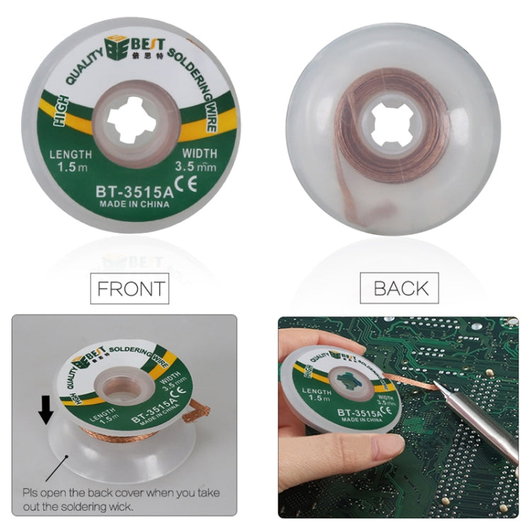 Desoldering braid spool front and back views; shows copper wick inside