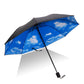 Black umbrella with blue sky cloud print, straight button-safety handle.