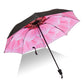 Black umbrella with large pink blossom print, straight button-safety handle.