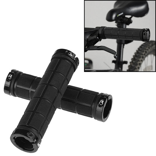 Bicycle handlebar grips pair, black rubber with crosshatch texture and lock ring ends