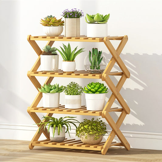 Foldable 4-tier solid wood plant flower stand with X-frame sides and slatted shelves