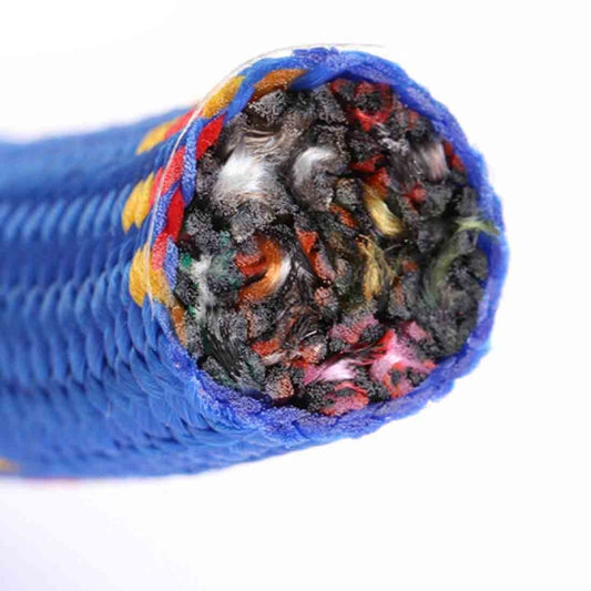 Blue rope end showing exposed multicolor inner fibers in tight braid