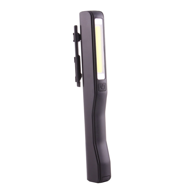 Black COB LED pen light side view with fold-out magnetic clip