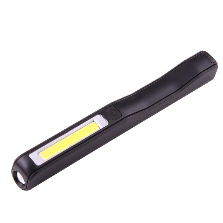 Black COB LED pen light angled view with bright LED strip
