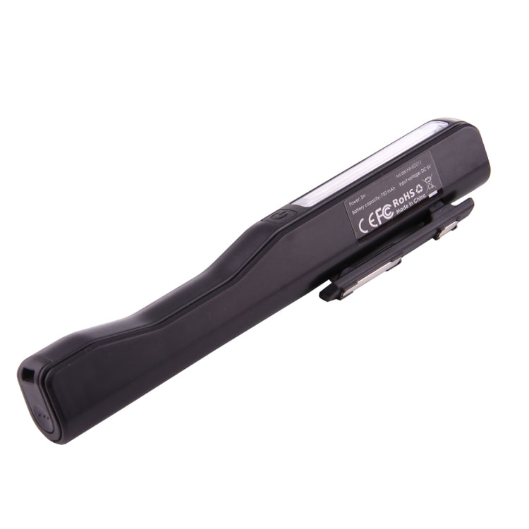 Black COB LED pen light rear end with clip attachment and labels