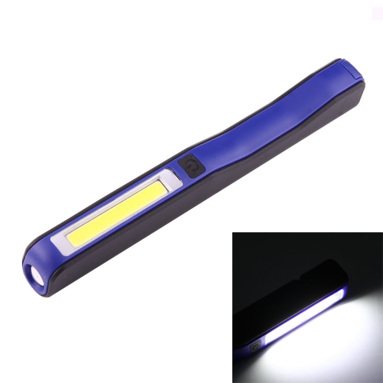 Blue COB LED pen light with bright rectangular lens on dark housing