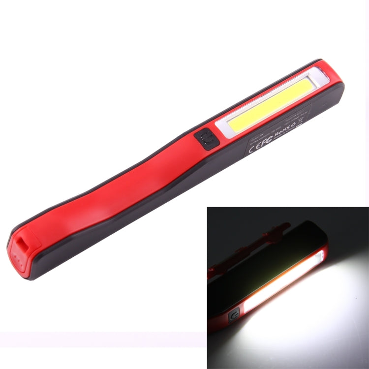 Red COB LED pen light with bright rectangular lens on dark housing