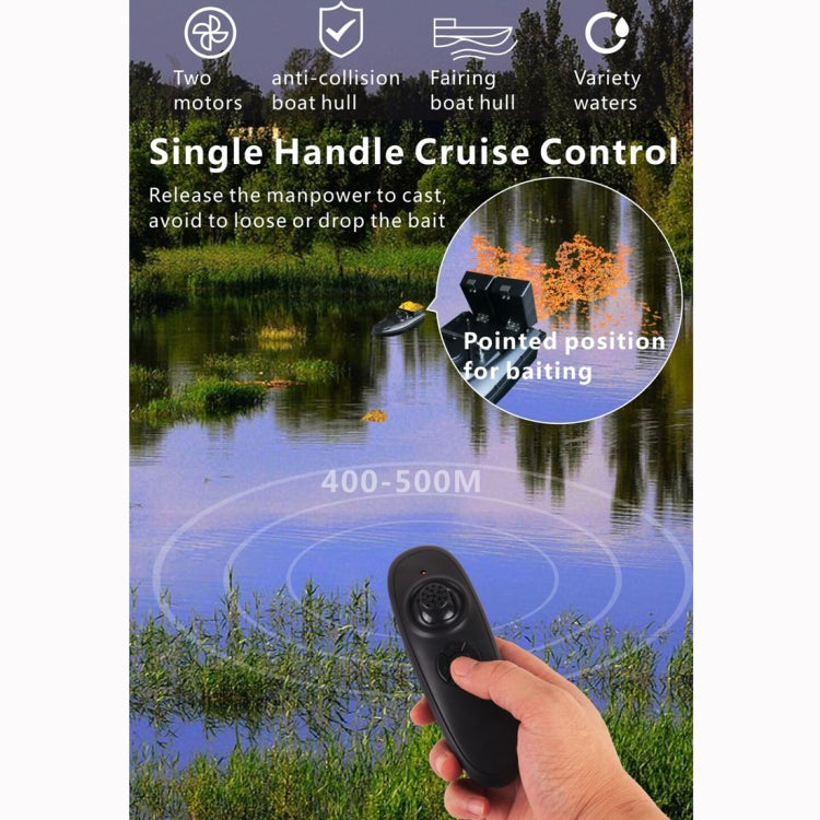 Remote control for D13C fishing bait boat, pointing at baiting position