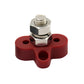 Red terminal stud block with metal hex nut and threaded stud, side mounting holes