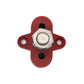 Red cross-shaped terminal block with metal stud and hex nut, two side holes