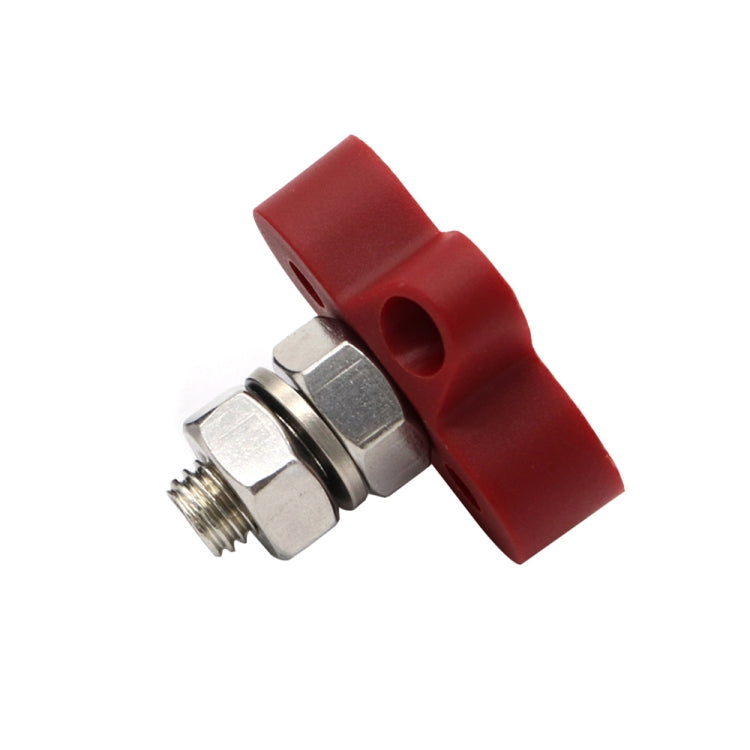 Red terminal stud connector with metal hex nut and threaded screw, side view