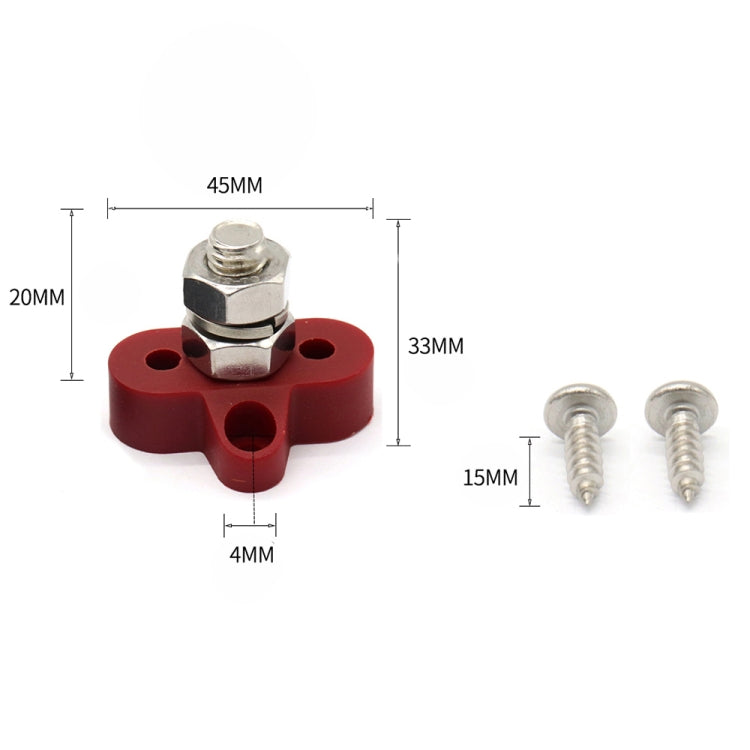 Red terminal stud block with metal stud and hex nut; size layout shown