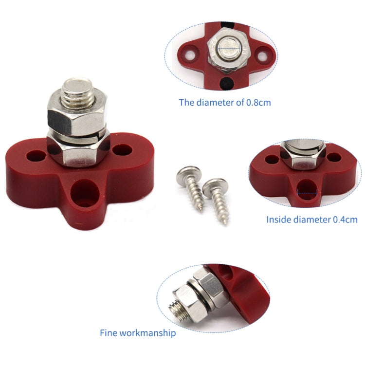 Red terminal stud block with metal stud and hex nut, plus included mounting screws