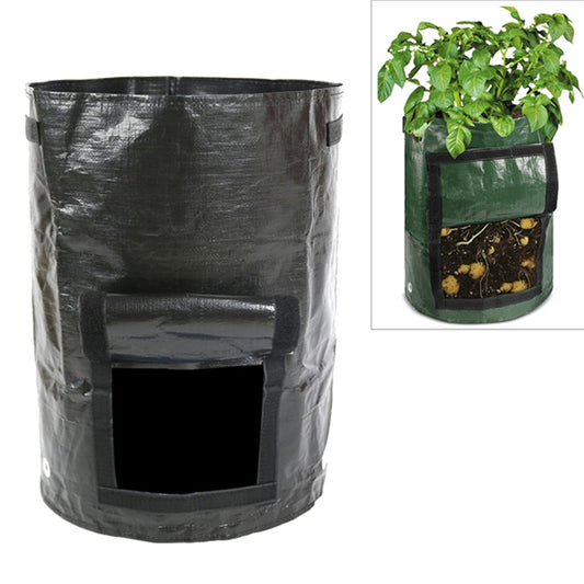 Black 10-gallon potato grow bag with front window and side handles