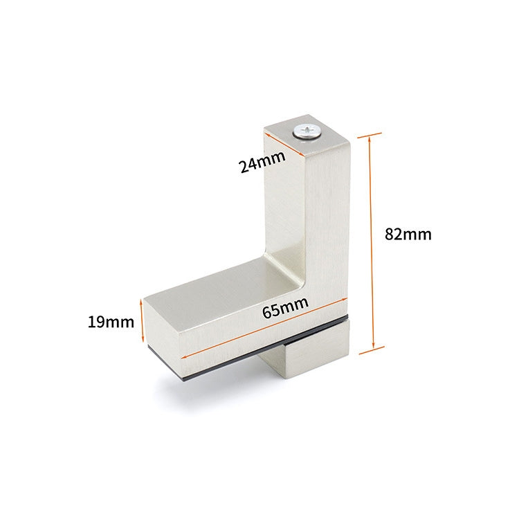 Brushed zinc alloy fixed glass clip bracket showing dimensions and screw head