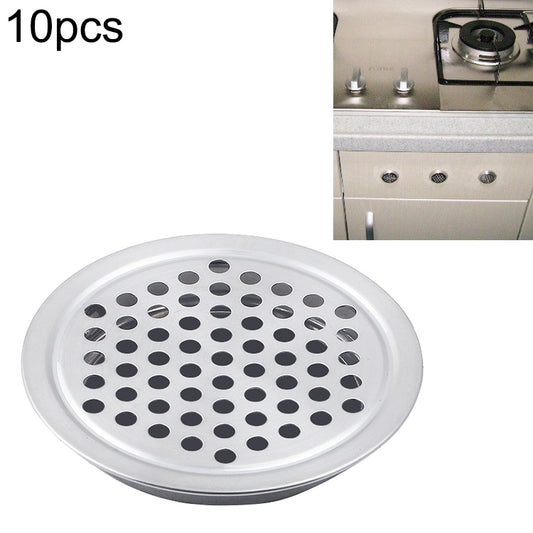 Round stainless steel cabinet air vent cover with louvered grille and small holes