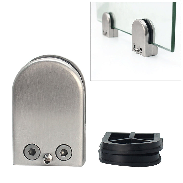 Stainless steel fixed glass railing clamp with black rubber spacer, flat-bottom design.