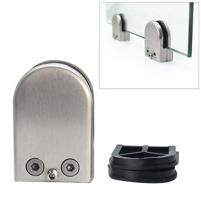 Stainless steel fixed glass railing clamp with black rubber spacer, flat-bottom design.