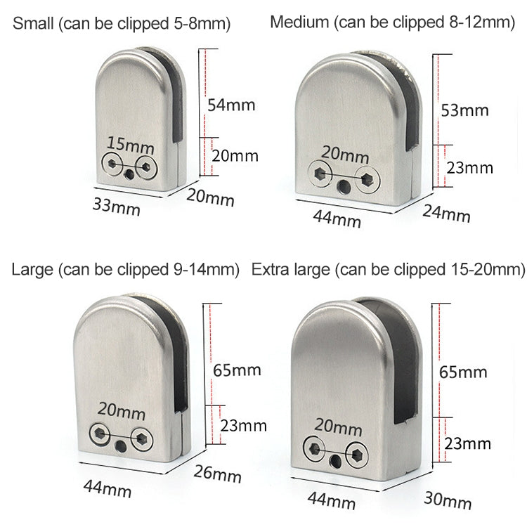 Stainless steel glass railing clamp with black spacer, shown with size comparison.