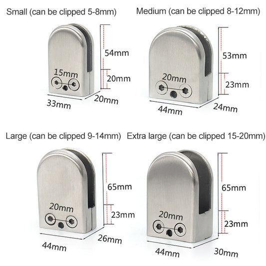 Stainless steel glass clamp bracket showing multiple clip sizes for 5–20mm glass